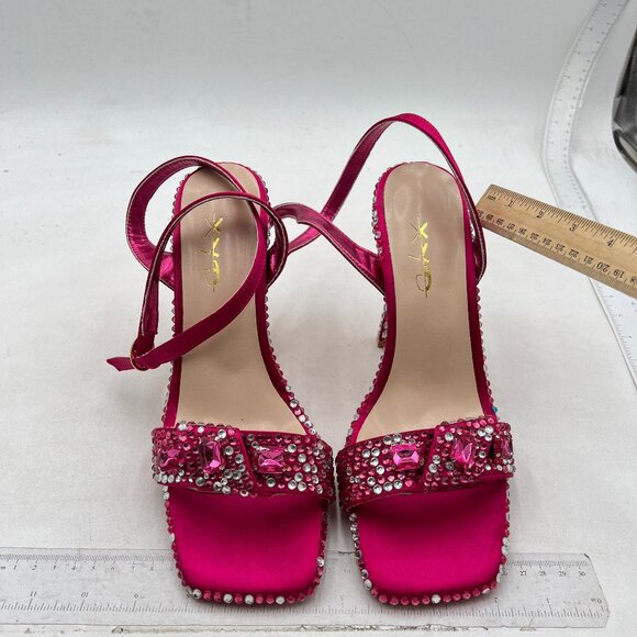 XYD Pink Sparkle Square Open Toe Buckle Ankle Strap Sparkling High Heel Sandals - Picture 3 of 8